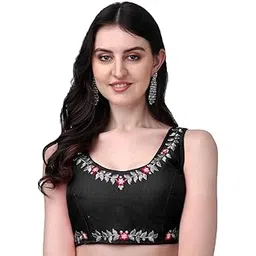 pujia mills Women's Silk Flower Embroidery Work Readymade Saree Blouse-picture-26