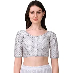 pujia mills Women's Thread Embroidery Half Sleeve Silk Readymade Saree Blouse-picture-32