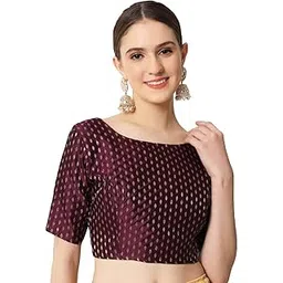 pujia mills Women's Weaving Jacquard Elbow Length Boat Neck Line Saree Blouse (Bliss Wine 38)-picture-46