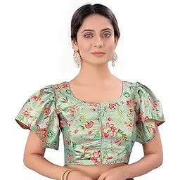 Women's Multicolor Butterfly Floral Print Pattern Ruffle Sleeve Readymade Saree Blouse-image-16