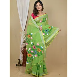 PuJoy Floral Printed Zari Border Taant Saree-picture-12