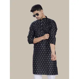 PulseIQ Men Geometric Checked Mirror Work Jacquard Kurta-picture-24