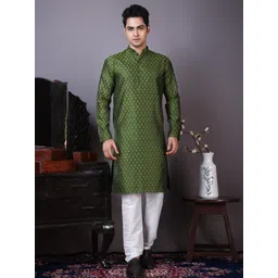 PulseIQ Men Mehendi Green Woven Design Jacquard Kurta image 3
