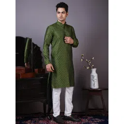 PulseIQ Men Mehendi Green Woven Design Jacquard Kurta image 2