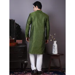 PulseIQ Men Mehendi Green Woven Design Jacquard Kurta image 4