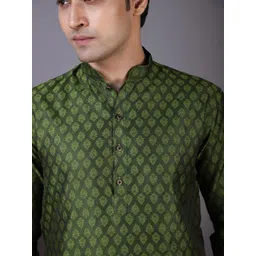 PulseIQ Men Mehendi Green Woven Design Jacquard Kurta image 5