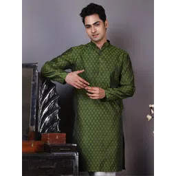 PulseIQ Men Mehendi Green Woven Design Jacquard Kurta image 1
