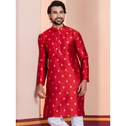 PulseIQ Men Red Ethnic Motifs Jacquard Mandarin Collar Straight Kurtas-picture-31