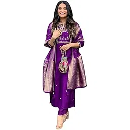 pulspeak Women's Viscose Silk Heavy Embroidered Straight Kurta With Trouser & Banarasi Jacquard Dupatta Set-picture-44
