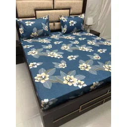 Pure Decor Blue & Yellow Floral 250 TC Cotton Queen Bedsheet with 2 Pillow Covers-picture-37