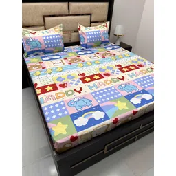 Pure Decor Cream & Blue Cartoon Characters Cotton  Queen Bedsheet with 2 Pillow Covers-picture-45