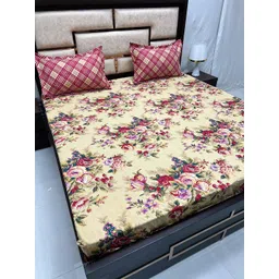 Pure Decor Leisure Fur Yellow & Red Floral 230 TC King Bedsheet with 2 Pillow Covers-picture-34