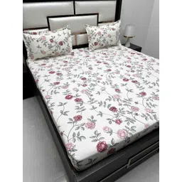 Pure Decor White & Pink Floral Queen Bedsheet with 2 Pillow Covers-picture-33