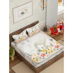 Pure Decor White & Yellow Floral 130 TC Queen Bedsheet with 2 Pillow Covers-picture-11