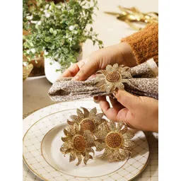 Pure Home and Living Gold Toned 4 Pcs Stone-Studded Metal Flower Shaped Napkin Rings-picture-41