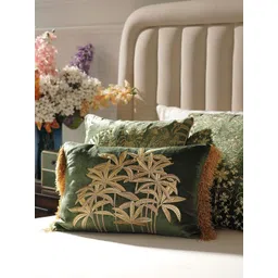 Pure Home and Living Green & Gold Toned Embroidered Velvet Rectangle Cushion Cover-picture-15