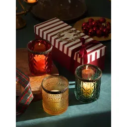 Pure Home and Living Multicolor Glass Textured Tealight Holders - Set of 3-picture-25