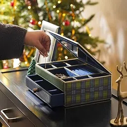 PURE HOME + LIVING Green Blue Plaid Faux Leather Jewellery Organiser keeps your accessories organised in style. Perfect for storing rings, earrings, and daily essentials on your dresser. (Pack of 1)-picture-14