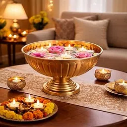 Pure Source India Decorative Metal Urli Bowl, Round with Pedestal Stand, Matte Gold Finish, 8.5 Inch, for Center Table, Floating Flower & Diya Décor, Home, Pooja & Festivals-image-45