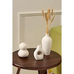PUREZENTO Burly Vase White Set of 3 Matte Finish Ceramic Designer Flower Vase for Home Decor Centre Table Bedroom Corner-image-9