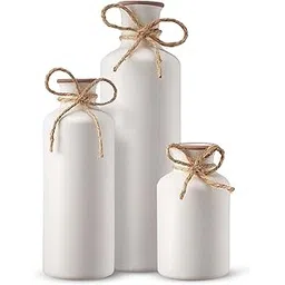 PUREZENTO Vintage Roman White Vase - Set of 3 | Decorative Bottle Shaped Vases with Twine Bow for Rustic, Farmhouse & Home Decor | Showpiece Vases for Living Room, Dining Table & Office Styling-picture-12