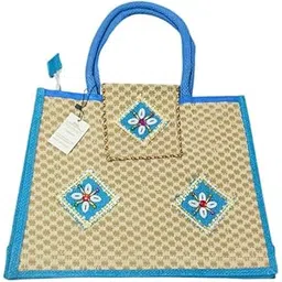 puri handicraft Handcrafted Jute Beach Bag with Floral Embroidery, Natural Beige and Turquoise Blue, Double Handle Tote, Summer Casual Style-picture-46