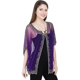 Purple Colour Size 38-48 Luxury Net Poncho Shrug for Ladies Hnad Beaded Work Woman Saree Suits Top Kurti Fashion Cover Up Party Club Wedding Style Wear-image-46