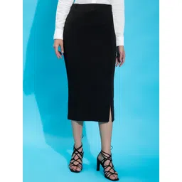 Purple Feather Women Black Solid Stretchable Midi Pencil Skirt-picture-21