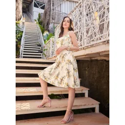 PURVAJA Beige Floral Print A Line Dress image 3