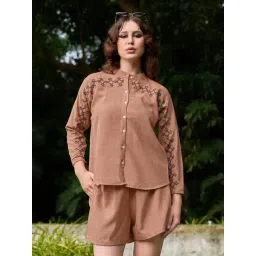 PURVAJA Brown Linen Embroidered Shirt-picture-15