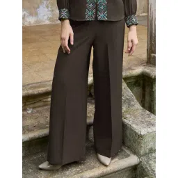 PURVAJA Brown Linen Solid High Rise Trousers image 4