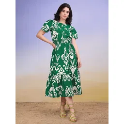 PURVAJA Ethnic Motifs Print Boat Neck Puff Sleeve Smocked Fit & Flare Midi Dress-picture-20