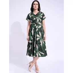 PURVAJA Floral Print Shirt Collar Fit & Flare Midi Dress-picture-11