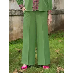 PURVAJA Green Linen Solid High Rise Trousers-picture-44