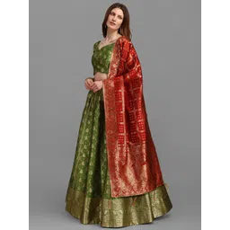PURVAJA Olive Green & Red Semi-Stitched Lehenga & Unstitched Blouse With Dupatta-picture-34