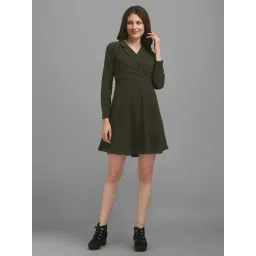 PURVAJA Olive Knitted Slim Fit A Line Dress-picture-15