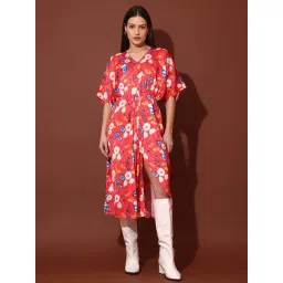 Purvaja Red Satin Relaxed Fit Floral Print Dress-picture-11
