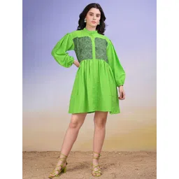 PURVAJA Women Ethnic Motifs Printed Puff Sleeve Above Knee Cotton Shirt Dress-picture-10