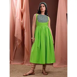 PURVAJA Women Ethnic Motifs Printed Smocked Tie-Up Neck Fit & Flare Midi Dress-picture-36