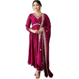 purvidha Women's Vichitra Silk Embroidered V Neck 3/4th Sleeves Anarkali Kurta with Pant and Dupatta Sets | Kurti Pant Set For Woman with Dupatta | Kurta Sets For | Cotton Kurti Latest-picture-13