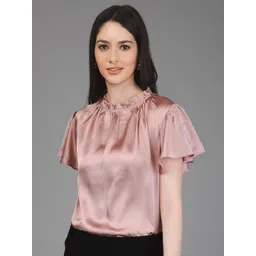 PURYS High Neck Flared Sleeves Gathered Or Pleated Satin Top-picture-28