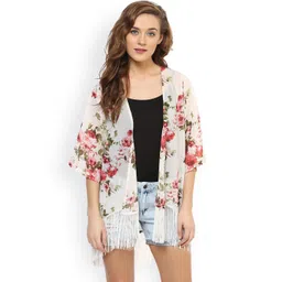 PURYS Off-White & Red Floral Print Fringed Shrug-picture-36