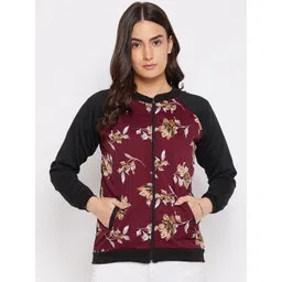 PURYS Women Black & Maroon Floral Fleece Bomber Jacket-picture-30