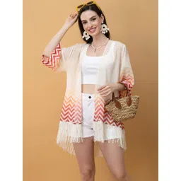 PURYS Women Colourblocked Tasselled Shrug-picture-39