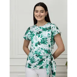 PURYS Women Floral Printed Round Neck Tie-Ups Satin Top-picture-20