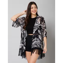 purys Women Fringed 3/4th Sleeve Black, White Shrug-picture-24