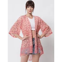 PURYS Women Pink & White Floral Printed Tasselled High-Low Longline Shrug-picture-10