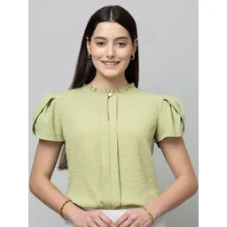 PURYS WORKSPACE Women Keyhole Neck Puff Sleeves Blouson Top-picture-16