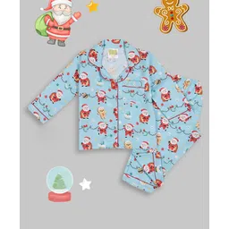 Pyjama Party Cotton Rayon Woven Christmas Theme Full Sleeves Santa Claus Printed Coordinating Night Suit Set - Blue-picture-12