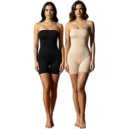 pyos Women Strapless Shapewear Bodysuit, Full Body Shaper, Seamless Compression Control, Mid-Thigh Length Black and Beige, 2-Pack (Free Size)-picture-32